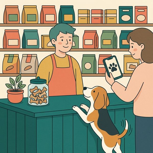 Illustration: a beagle with its paws up on the shop counter while a customer holds up her phone to the shopkeeper